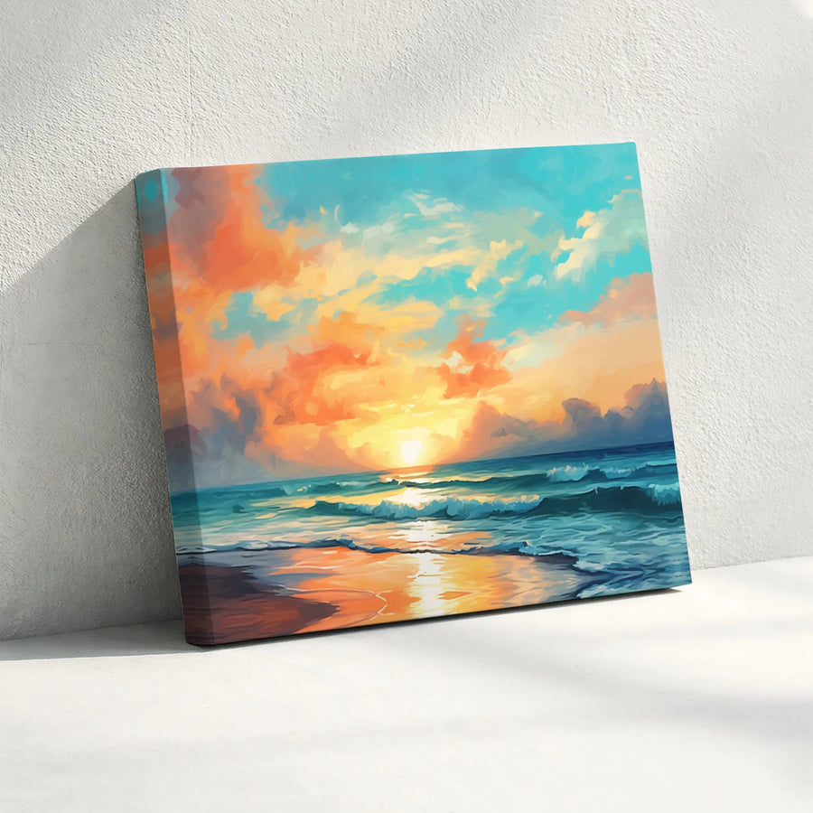 Ocean Sunset Wall Art | Vibrant Seascape With Crashing Waves | Premium Gallery Wrapped Canvas | Coastal Home Decor Gift