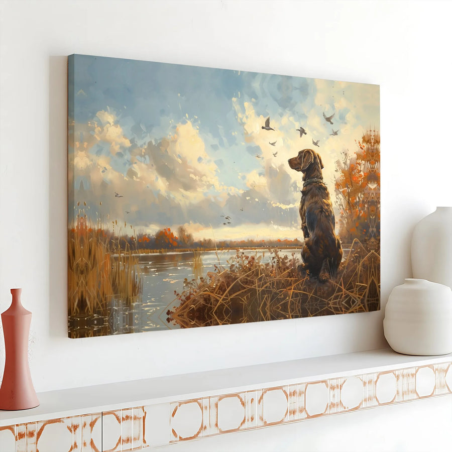 Hunting Dog Lake Canvas Print | Autumn Landscape Duck Hunting Art | 1.25 Inch Gallery Wrap Wall Decor | Premium Wildlife Gift for Outdoorsman