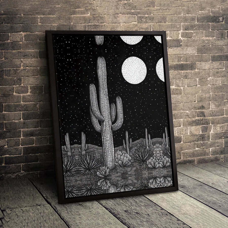 Saguaro Cactus Wall Art | Black and White Desert Night Landscape | Premium Gallery Wrapped Canvas | Minimalist Southwestern Home Decor Gift