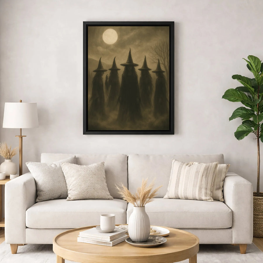 Gothic Coven Canvas Wall Art | Dark Academia Witch Silhouette Under Full Moon | Premium Gallery Wrapped Decor | Spooky Witchy Home Gift