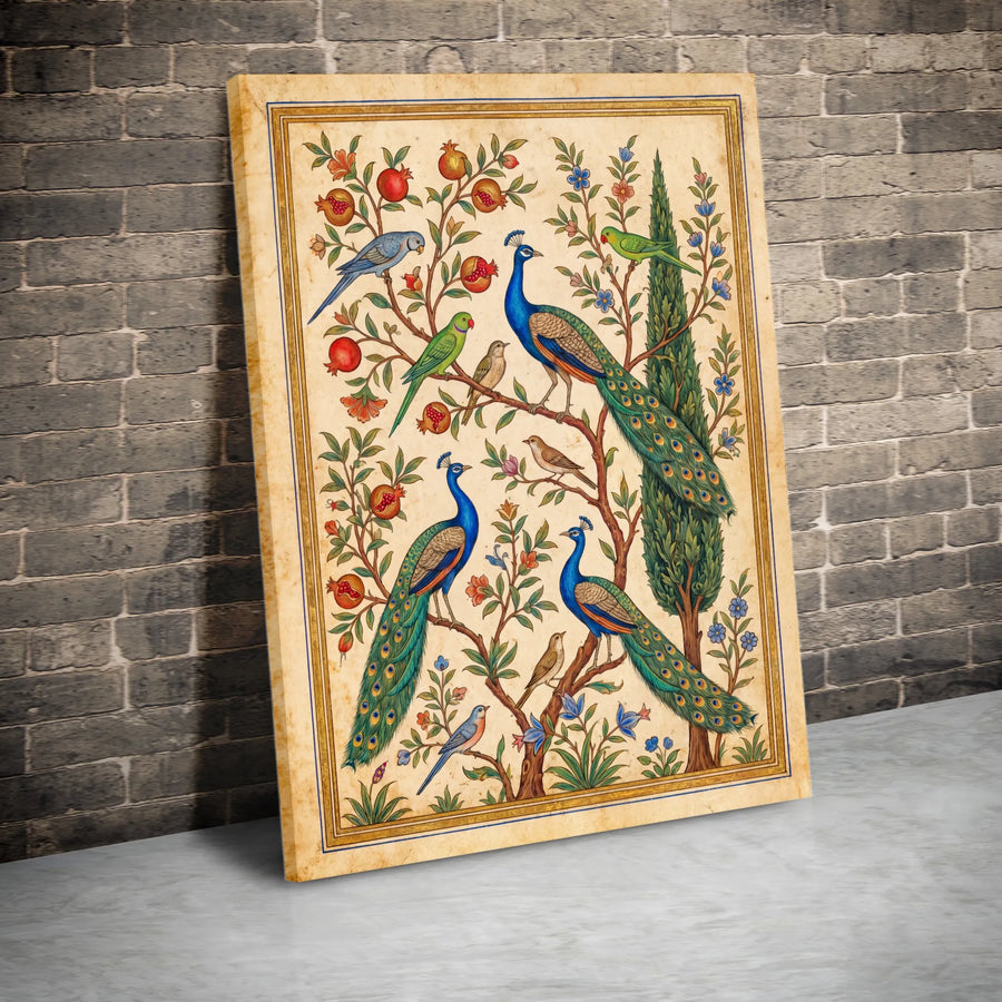 Vintage Peacock Persian Art Vertical Canvas | Mughal Pomegranate & Bird Garden Design | Premium 1.25 Inch Stretched Canvas | Elegant Living Room Wall Art Gift