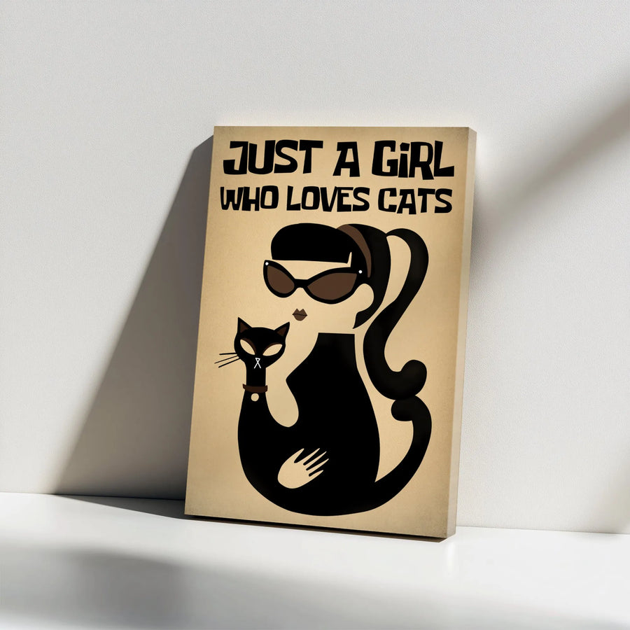 Just A Girl Who Loves Cats Canvas Wall Art | Retro Mid-Century Modern Illustration | Premium 1.25" Gallery Wrap | Unique Cat Lover Home Decor Gift