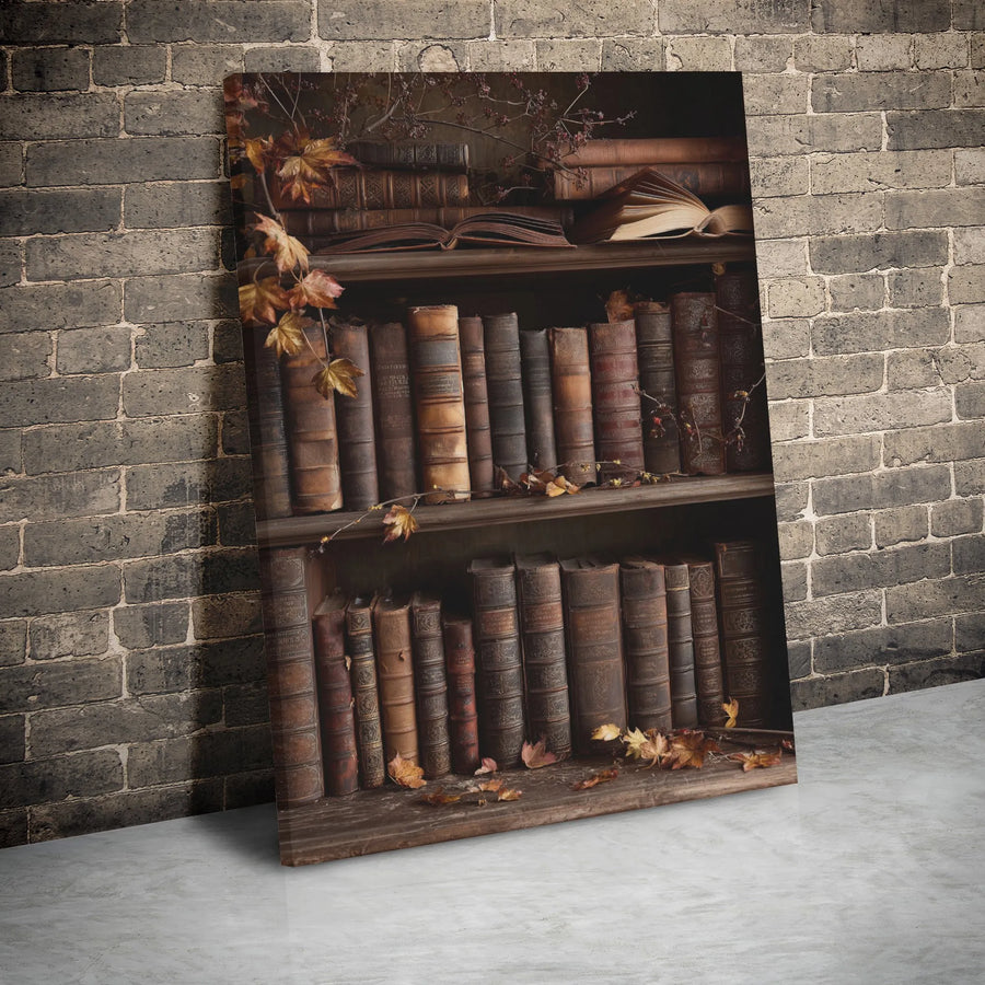 Vintage Bookshelf Wall Art | Dark Academia Autumn Library Decor | Premium Gallery Wrap Canvas | Cozy Literary Gift for Book Lovers