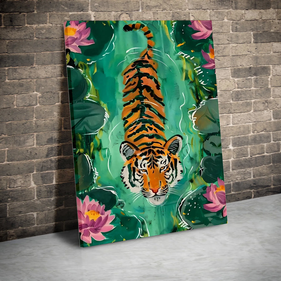 Tiger Canvas Wall Art | Swimming Tiger With Pink Lotus Flowers | Premium Fade-Resistant Gallery Wrap | Wildlife Jungle Decor for Living Room