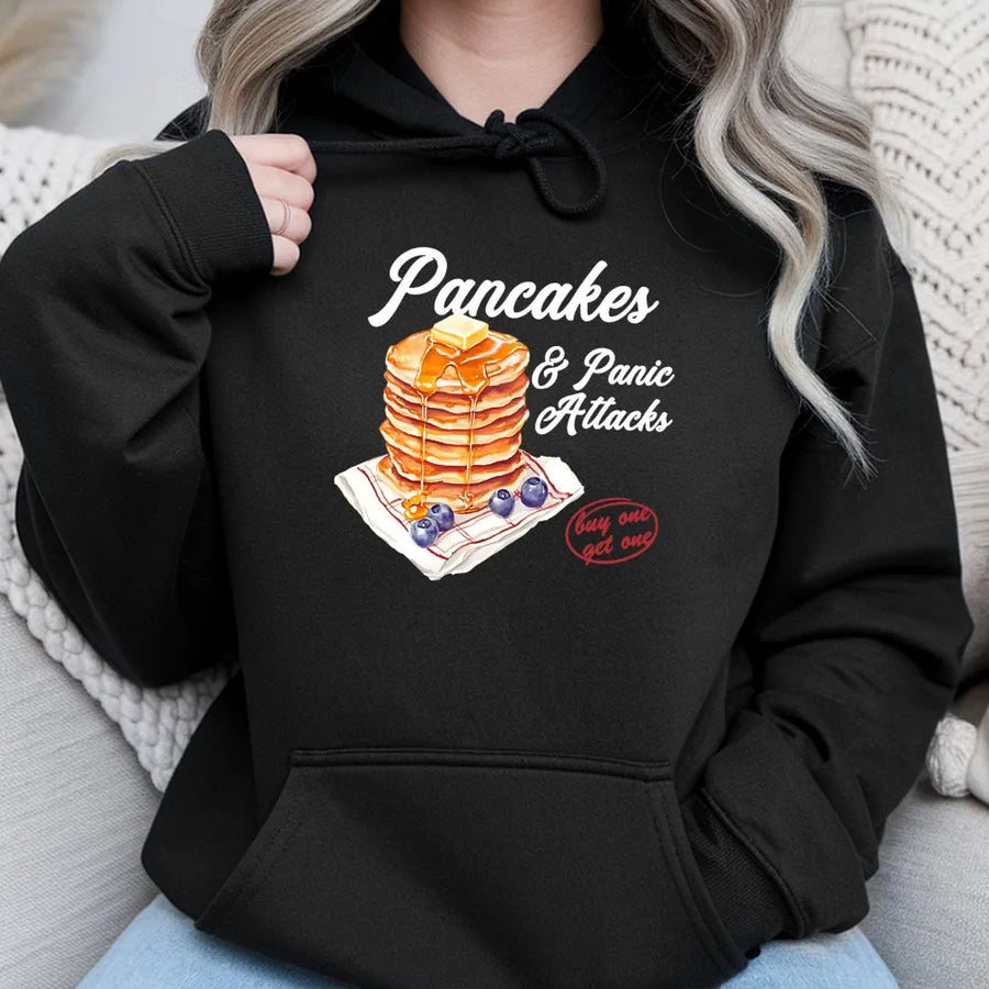 Pancakes & Panic Attacks Hoodie | Funny Breakfast Lover Graphic Pullover | Soft Cotton Blend Unisex Sweatshirt | Retro Humor Gift For Foodies
