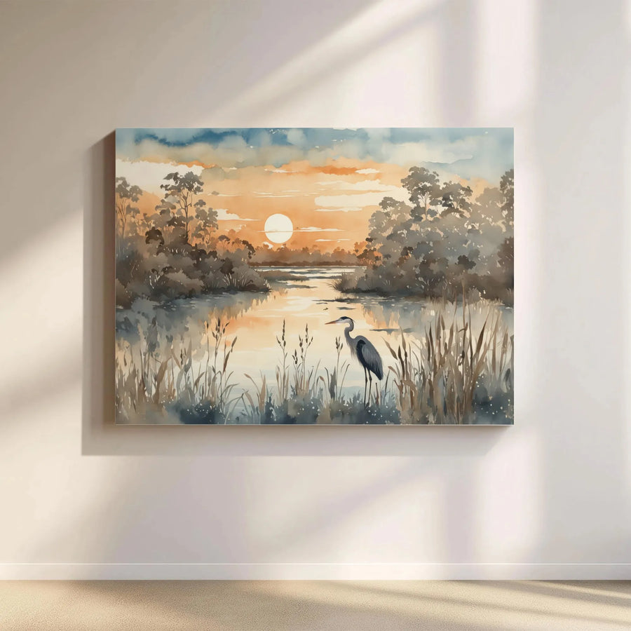Great Blue Heron Canvas Wall Art | Watercolor Marsh Sunset Print | 1.25 Inch Gallery Wrap | Premium Nature Decor for Home Office