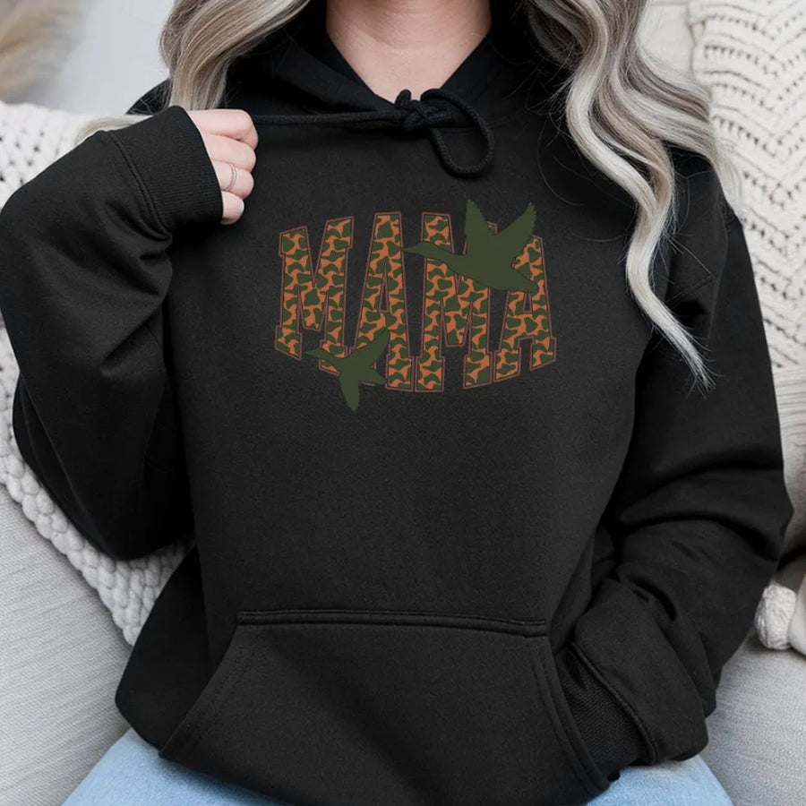 Mama Duck Hunting Hoodie | Camo Print Lettering Design | Premium Cotton Blend | Country Lifestyle Gift for Outdoor Women
