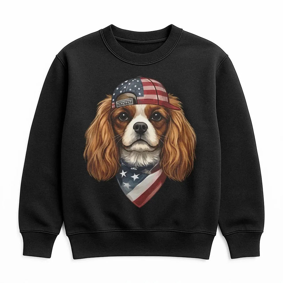Patriotic Dog Sweatshirt | Cavalier King Charles Spaniel USA Flag Graphic | Soft Cotton Blend Pullover | Fourth of July Gift for Dog Mom & Dad