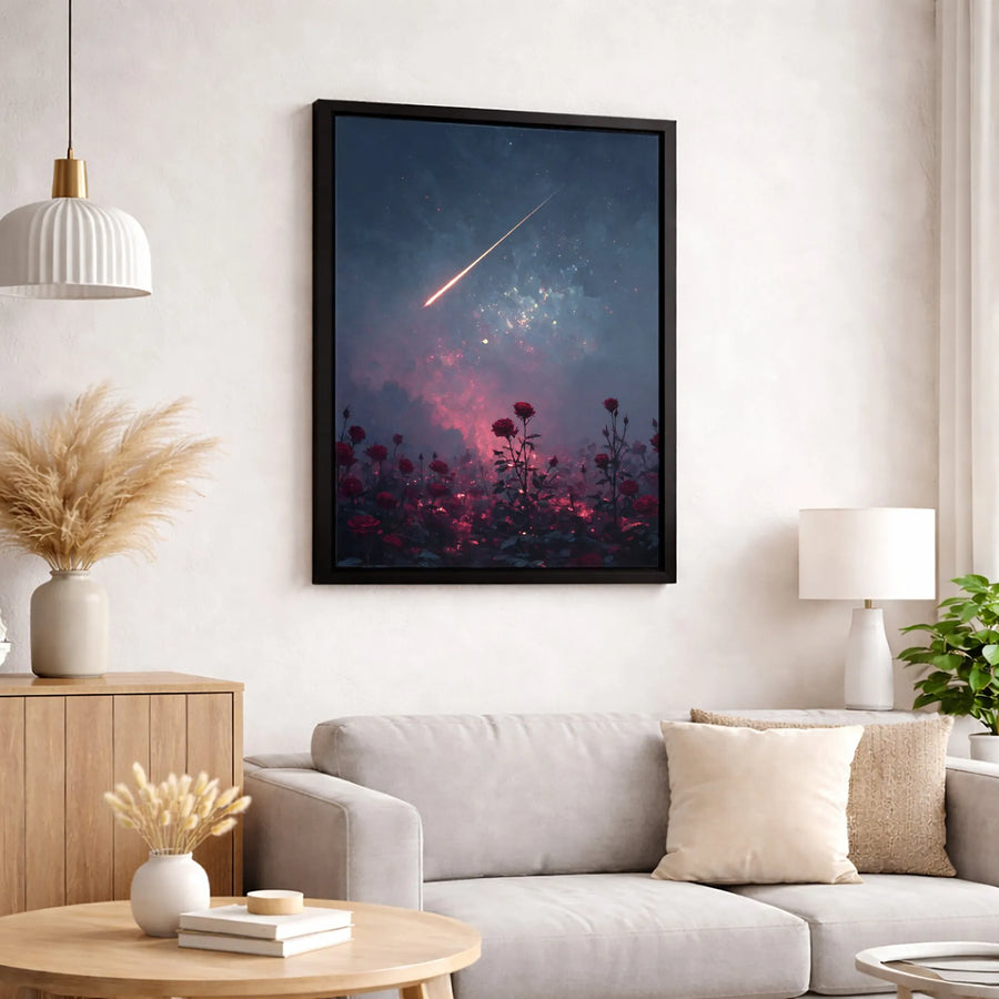 Red Rose Field Canvas Art | Shooting Star Night Sky Landscape | Premium Gallery Wrapped Print | Romantic Home Wall Decor