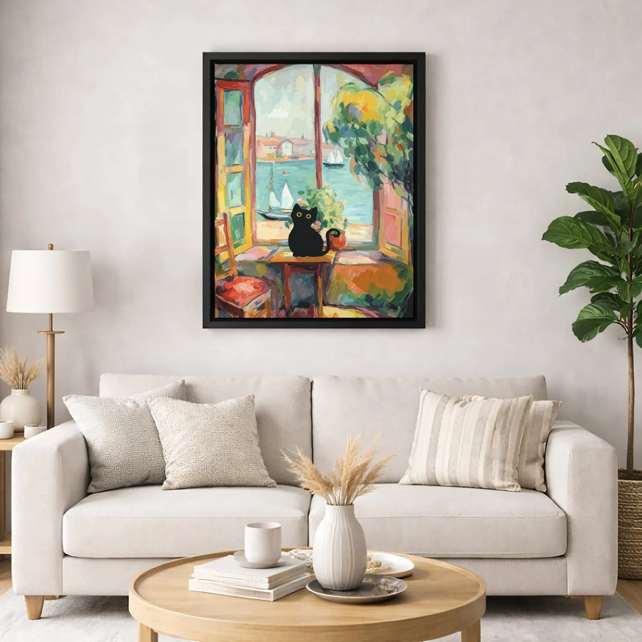 Black Cat Wall Art | Fauvist Style Window View with Sailboats | Gallery Quality Canvas Print | Whimsical Home Decor Gift for Cat Lovers