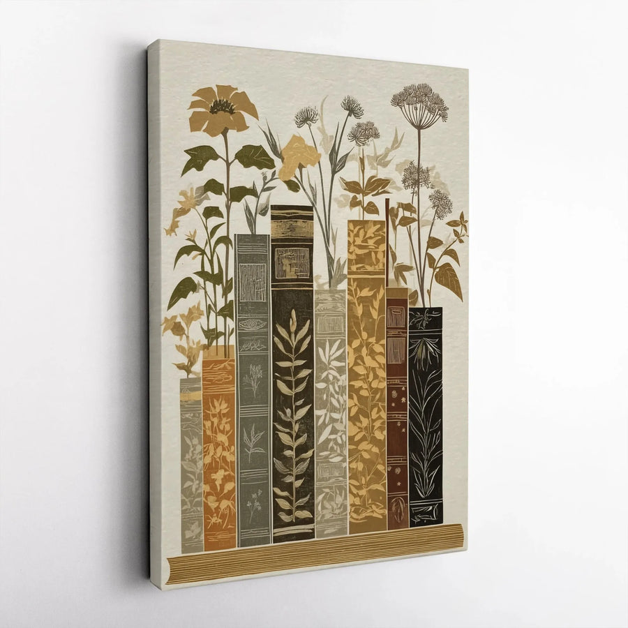 Botanical Bookshelf Canvas Wall Art | Wildflowers Growing From Books | Premium Canvas Print | Unique Gift for Book Lover and Librarian