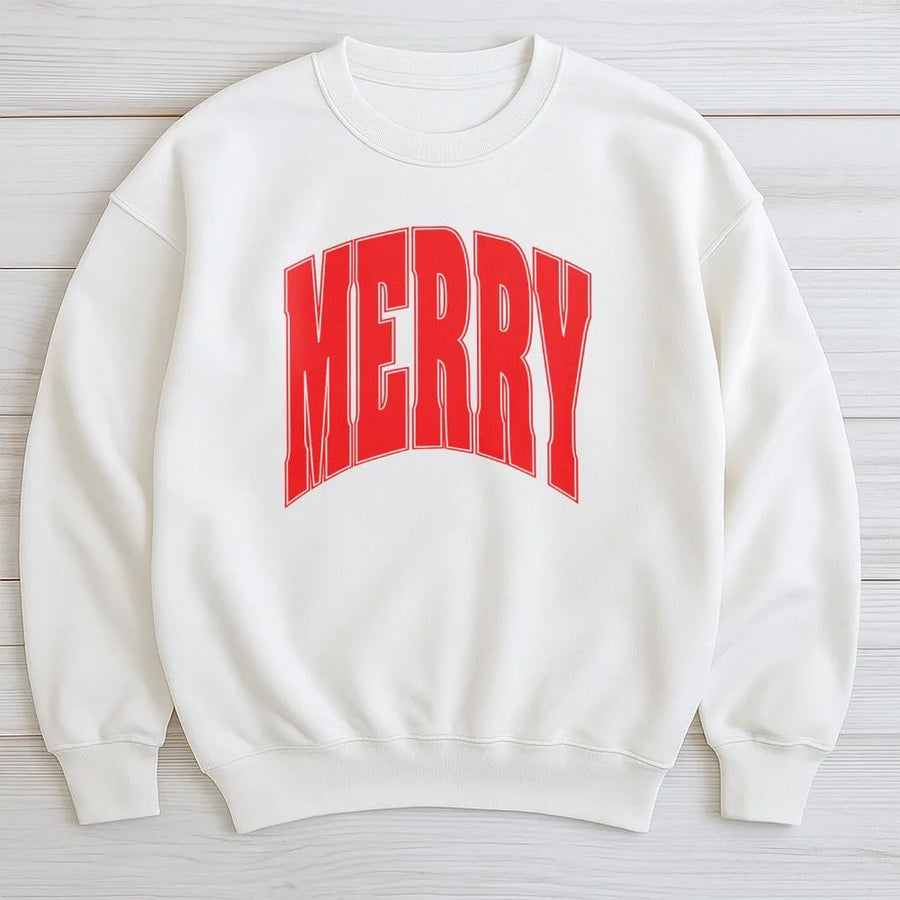 Merry Christmas Sweatshirt | Vintage Varsity Arch Lettering | Premium Cotton Blend Crewneck | Cozy Holiday Gift for Women and Men