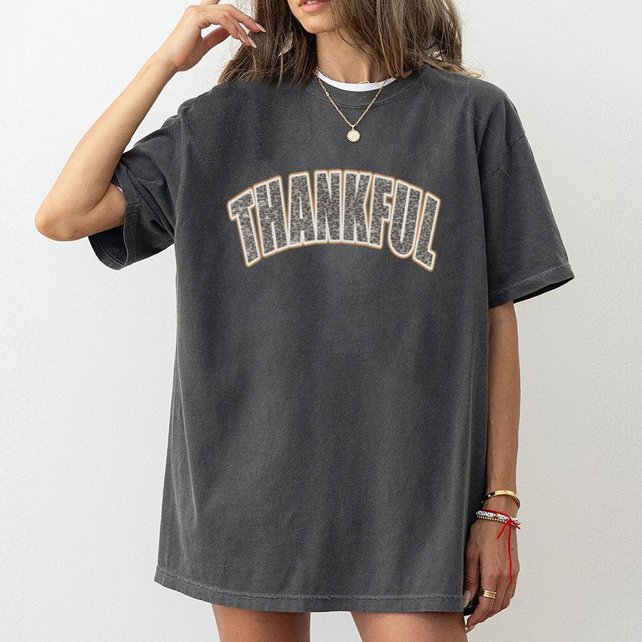 Thankful T-Shirt | Retro Leopard Print Varsity Lettering | 100% Cotton Premium Tee | Cute Thanksgiving Fall Outfit Gift for Women