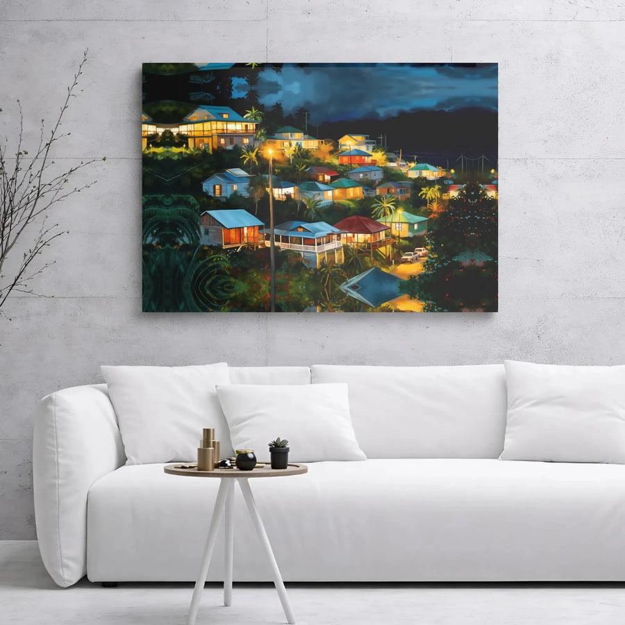 Tropical Hillside Village Canvas Print | Nighttime Island Landscape Wall Art | Premium Gallery Wrap Decor | Ready To Hang Gift For Travelers
