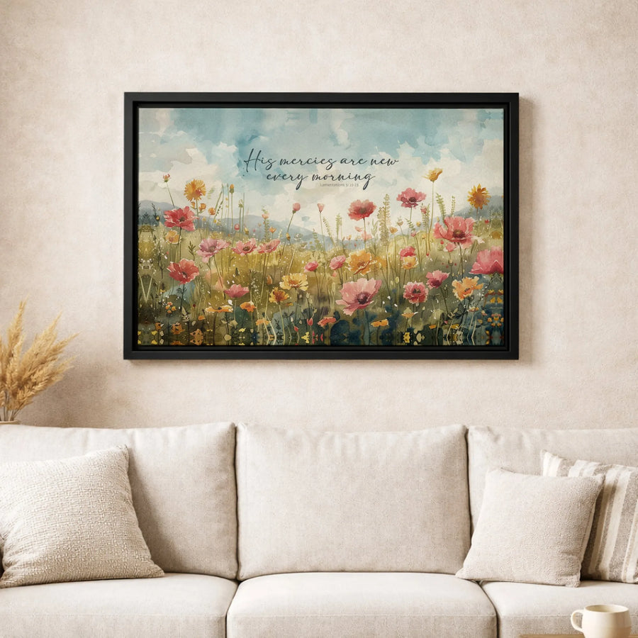 His Mercies Are New Every Morning Wall Art | Watercolor Wildflower Meadow Print | Premium 1.25 Inch Thick Canvas | Christian Home Decor Gift