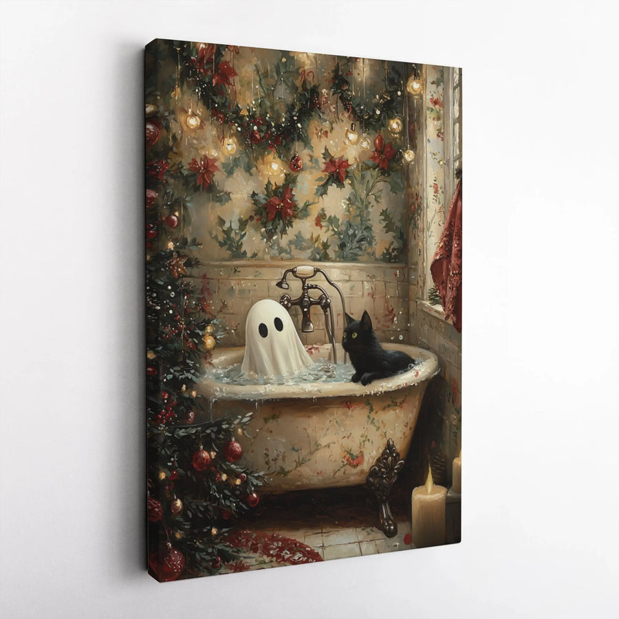 Ghost and Black Cat Christmas Canvas | Whimsical Holiday Bathtub Art | Premium Fade-Resistant Print | Spooky Festive Wall Decor Gift