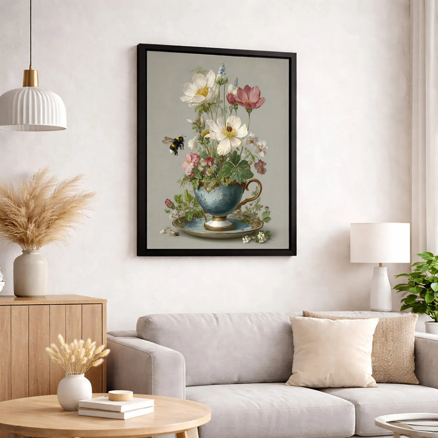 Vintage Floral Teacup Canvas Art | Botanical Bumblebee Wall Decor | Premium Fade-Resistant Print | Elegant Cottagecore Home Gift