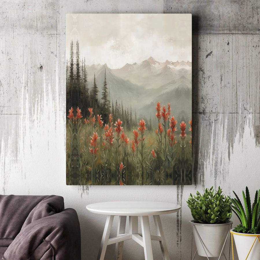 Misty Mountain Canvas Wall Art | Red Wildflower Landscape Painting | Premium Textured Print | Rustic Cabin Decor Gift for Nature Lovers