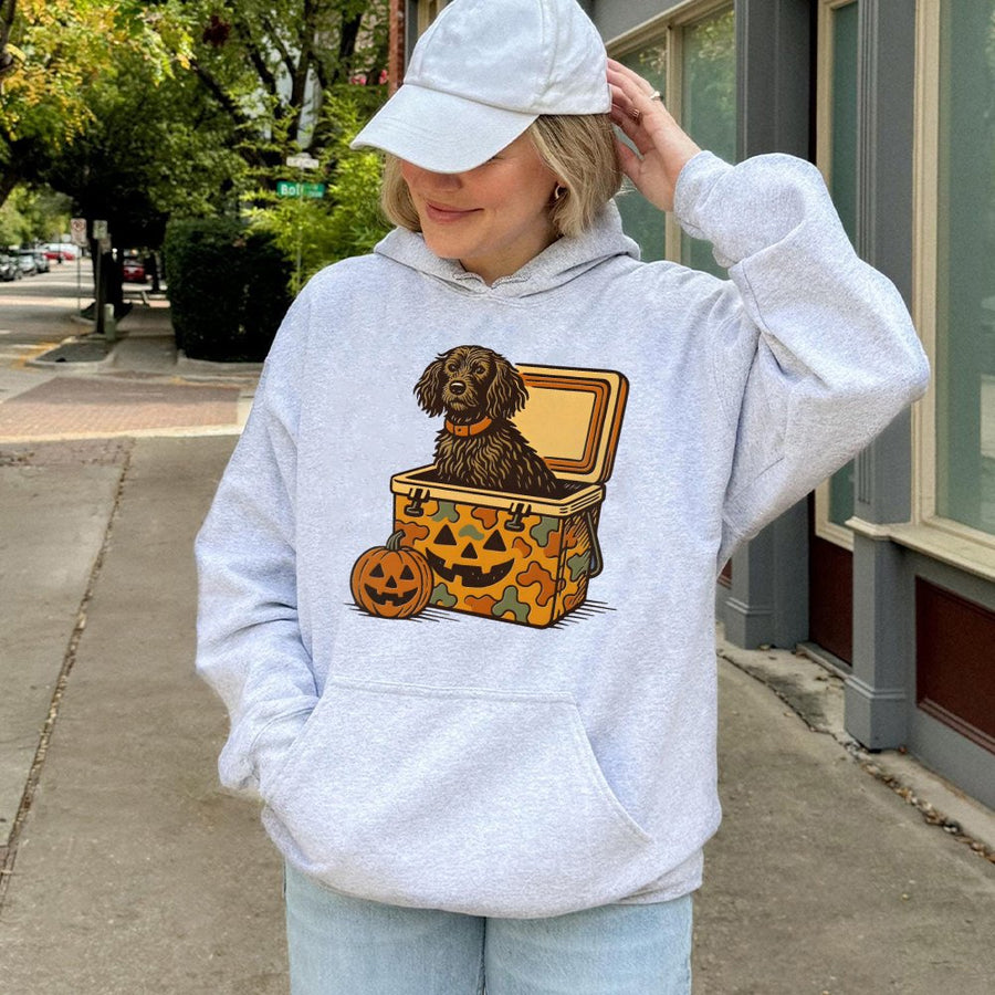 Boykin Spaniel Halloween Hoodie | Hunting Dog In Camo Cooler Graphic | Premium Cotton Blend | Gift For Dog Lovers And Outdoor Enthusiasts