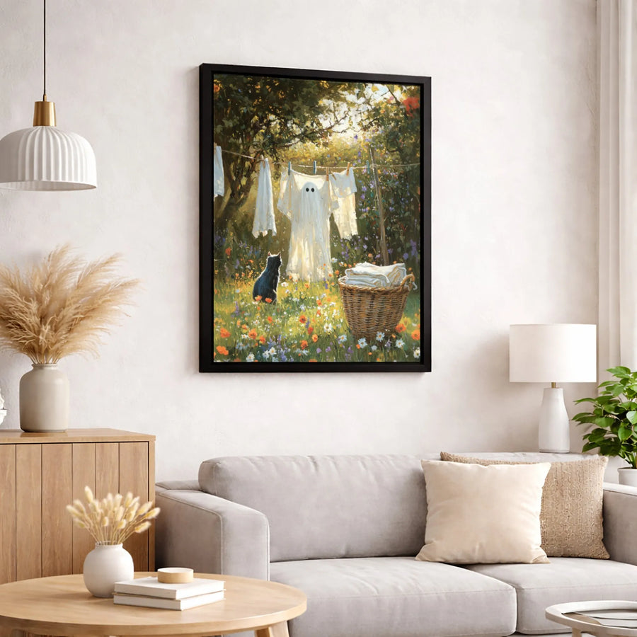 Ghost on Clothesline Wall Art | Whimsical Cottagecore Black Cat Print | Premium Gallery Wrap Canvas | Spooky Cute Home Decor Gift