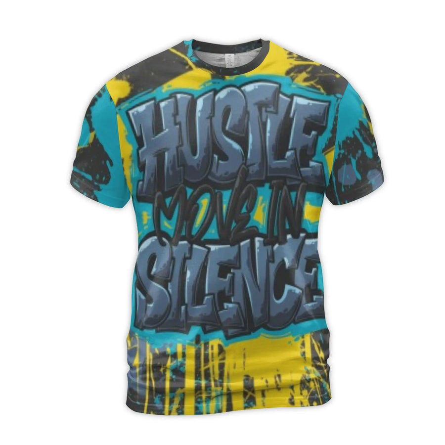 Hustle Move In Silence T-Shirt | Graffiti Paint Splatter 3D Graphic Design | Premium Polyester Jersey Stretch Fit | Motivational Gift For Him