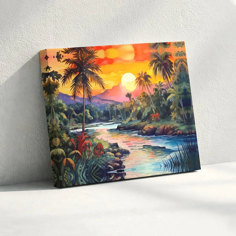 Tropical Sunset Wall Art | Vibrant River and Palm Tree Landscape | Premium Gallery-Wrapped Canvas | Coastal Home Decor Gift for Living Room