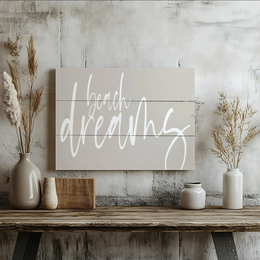 Beach Dreams Canvas Wall Art | Modern Script Quote on Faux Shiplap | Premium Canvas Print | Coastal Home Decor Gift
