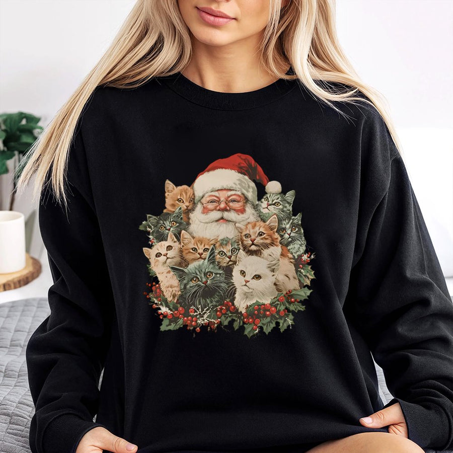 Retro Santa Claus And Kittens Sweatshirt | Cute Christmas Cat Graphic Design | Premium Cotton Blend | Holiday Gift For Cat Lovers