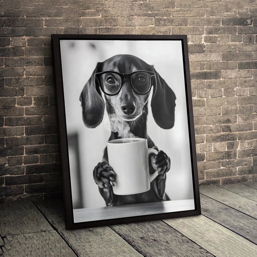 Dachshund Coffee Lover Wall Art | Black and White Dog with Glasses Print | Premium Gallery Wrap Canvas | Unique Gift for Dog Owners