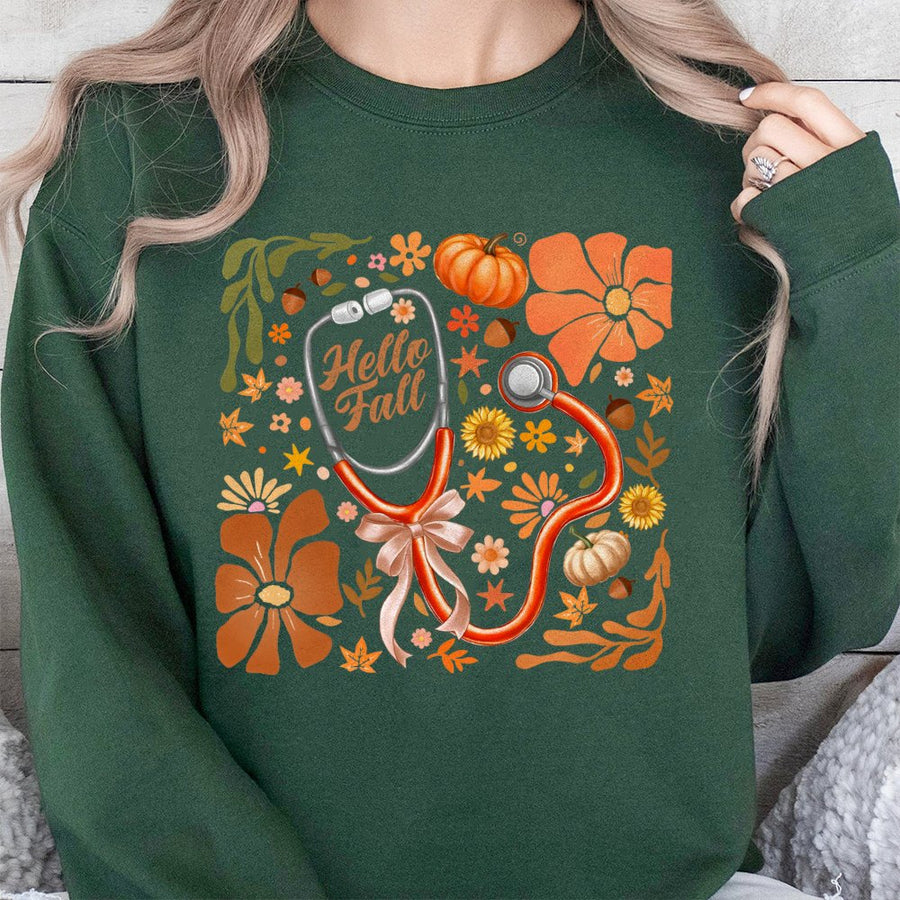 Hello Fall Stethoscope Sweatshirt | Boho Floral Nurse Autumn Aesthetic | Premium Cotton Blend | Nursing Student Gift & Medical Professional Apparel