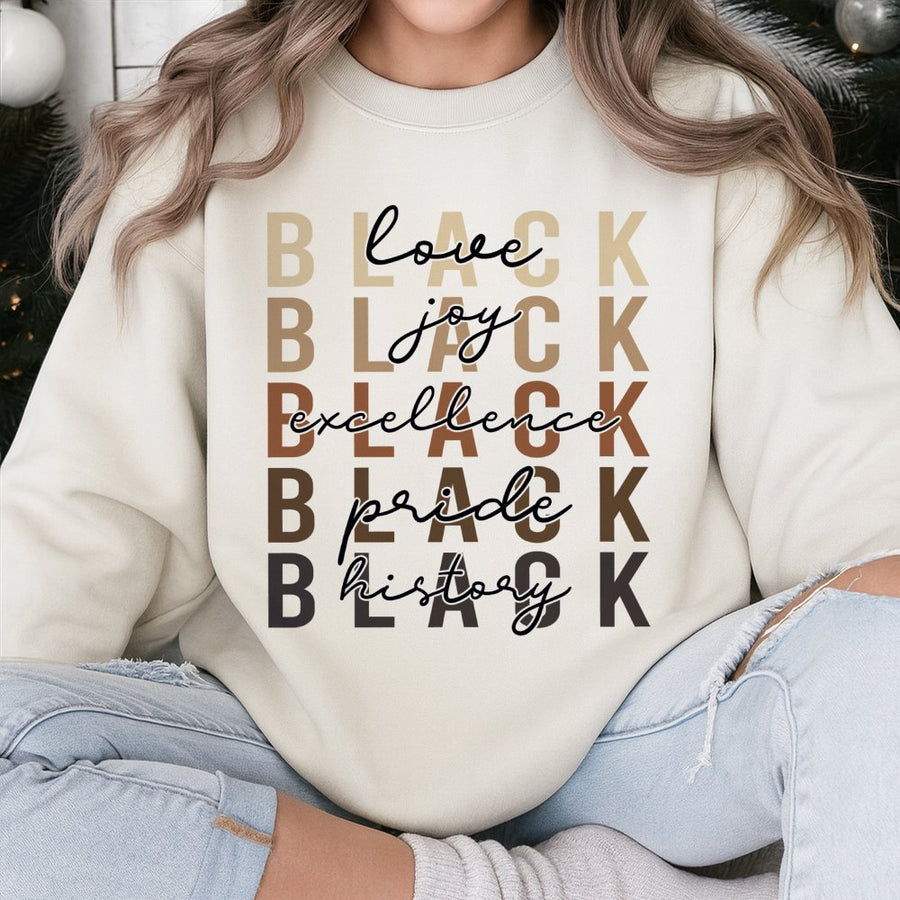 Black History Month Sweatshirt | Black Excellence Love Joy Pride | Premium Cotton Blend Crewneck | Unisex African American Heritage Gift