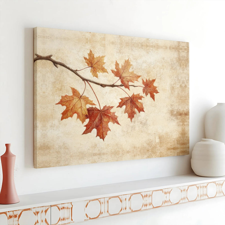 Autumn Maple Leaves Canvas Wall Art | Rustic Botanical Branch Print | Gallery Wrapped Premium Material | Fall Home Decor Gift for Living Room