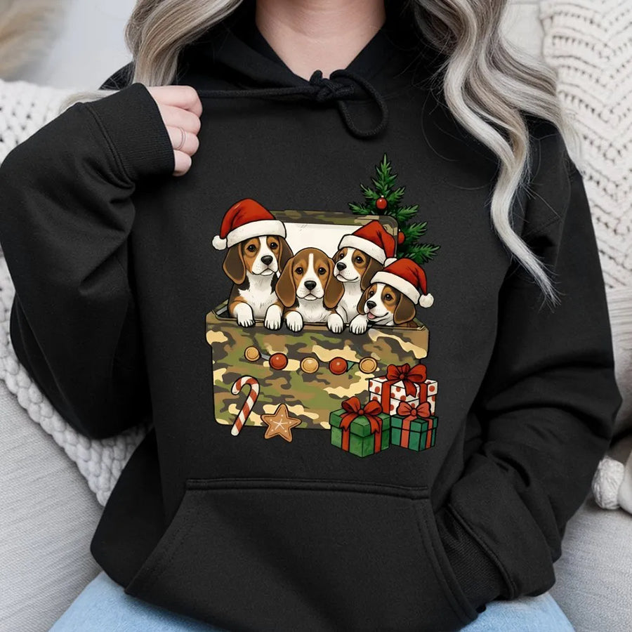Beagle Christmas Hoodie | Cute Puppies In Gift Box Graphic | Premium Cotton Blend Sweatshirt | Holiday Dog Lover Gift