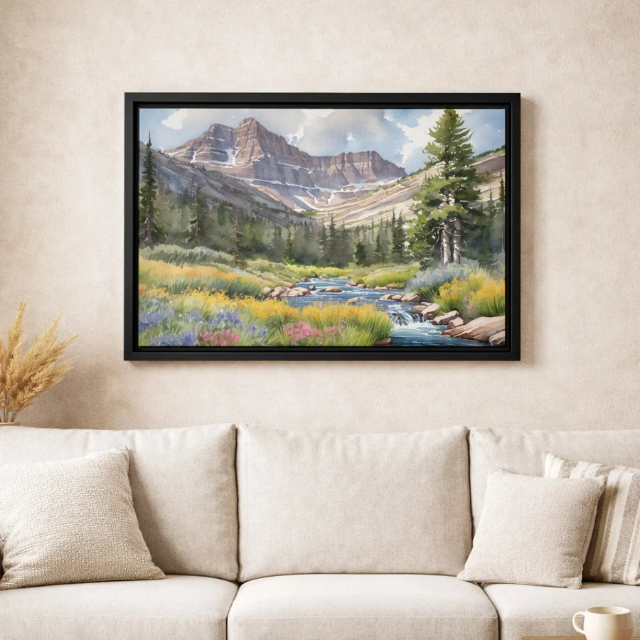 Watercolor Mountain Landscape Canvas | Scenic River and Wildflower Art | Premium 1.25" Gallery Wrap | Nature Home Decor Gift