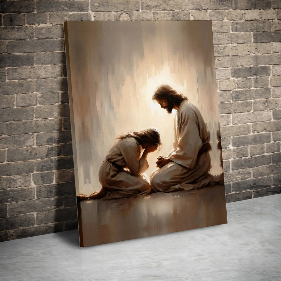 Jesus Praying With Kneeling Woman Canvas | Religious Wall Art | Premium Fade-Resistant Print | Spiritual Home Decor Gift