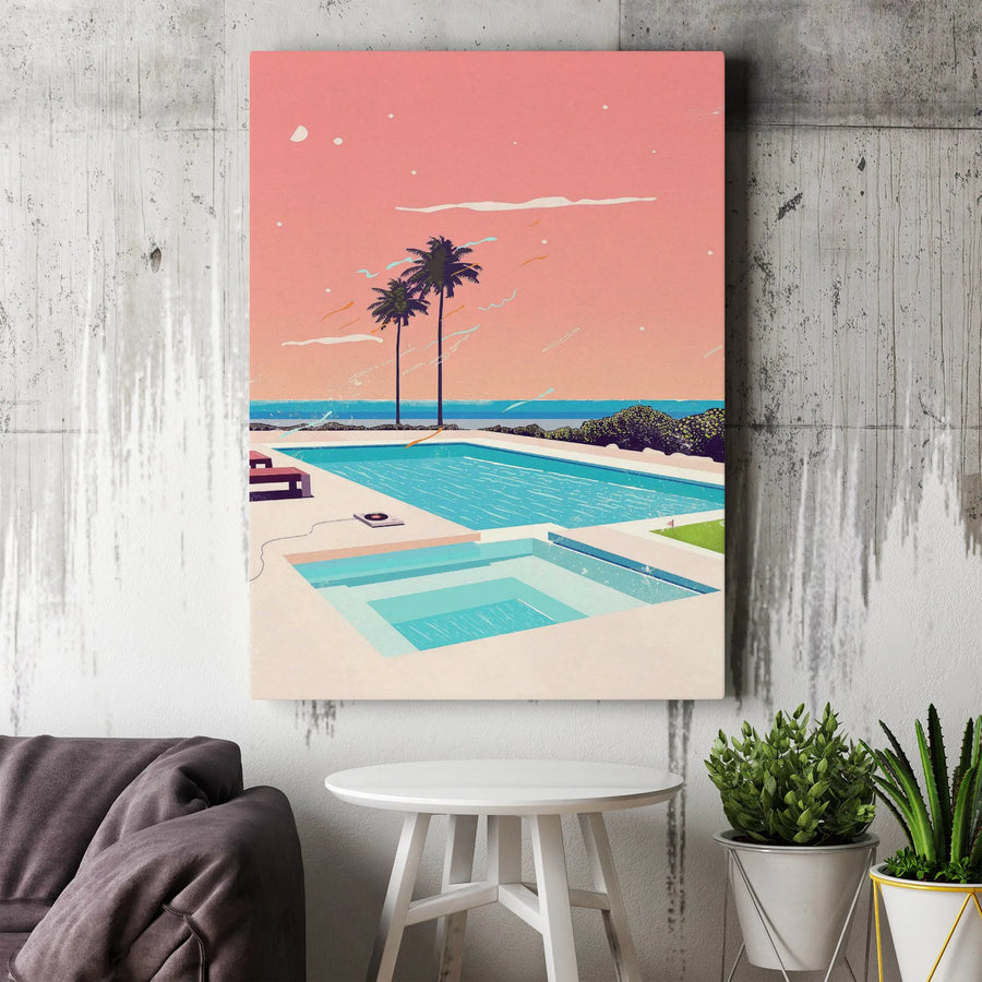 Retro Poolside Canvas Print | Minimalist Palm Tree Art with Vaporwave Aesthetic | Premium Gallery Wrapped Canvas | Modern Home Decor Gift for Living Room