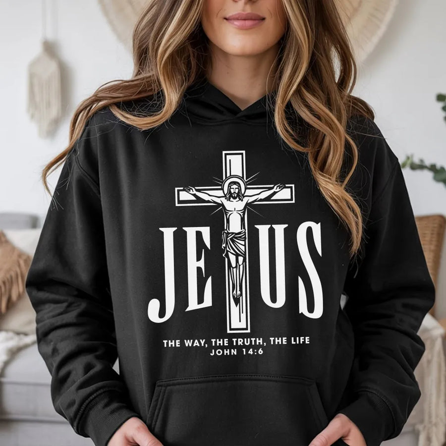 Jesus Cross Hoodie | John 14:6 Bible Verse Graphic | Premium Cotton Blend | Christian Faith Apparel Gift for Men and Women