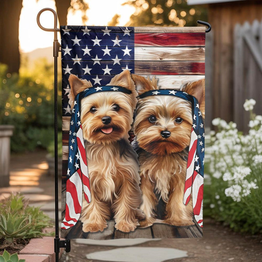 Yorkie Garden Flag | Patriotic American Flag & Cute Puppies | Weather-Resistant Polyester | Outdoor Decor for Dog Lovers Gift