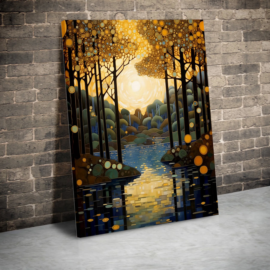 Abstract Forest Landscape Canvas | Golden Sunlit Trees & River Wall Art | Premium Gallery-Wrapped Quality | Modern Nature Home Decor Gift