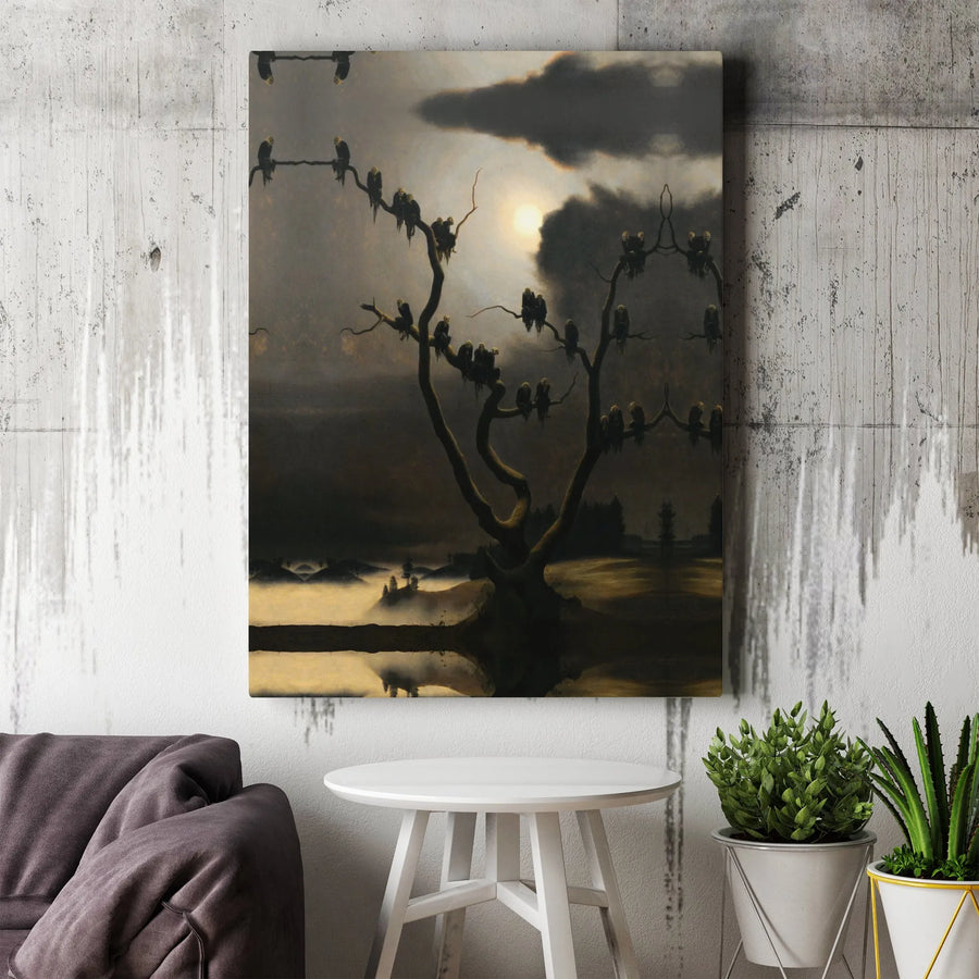 Gothic Surrealist Tree Wall Art | Eerie Moonlit Raven Landscape | Premium Gallery-Wrapped Canvas | Dark Academia Home Decor Gift