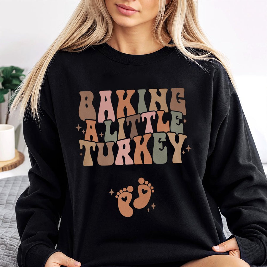 Baking A Little Turkey Sweatshirt | Retro Thanksgiving Pregnancy Announcement | Soft Cotton Blend | Fall Maternity Gift For Mom