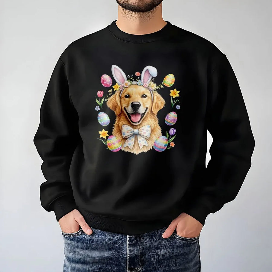 Easter Golden Retriever Sweatshirt | Cute Dog With Bunny Ears Graphic | Soft Cotton Blend Apparel | Festive Spring Gift For Puppy Lovers