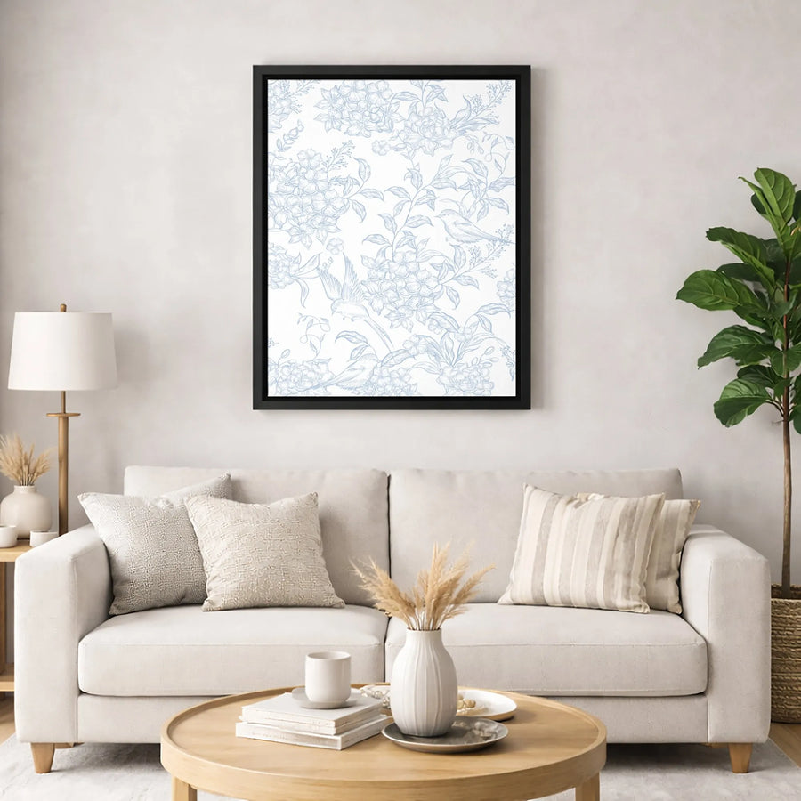Blue Toile Floral Canvas Wall Art | Botanical Bird Illustration Print | 1.25-Inch Gallery Quality | Elegant Home Decor Gift