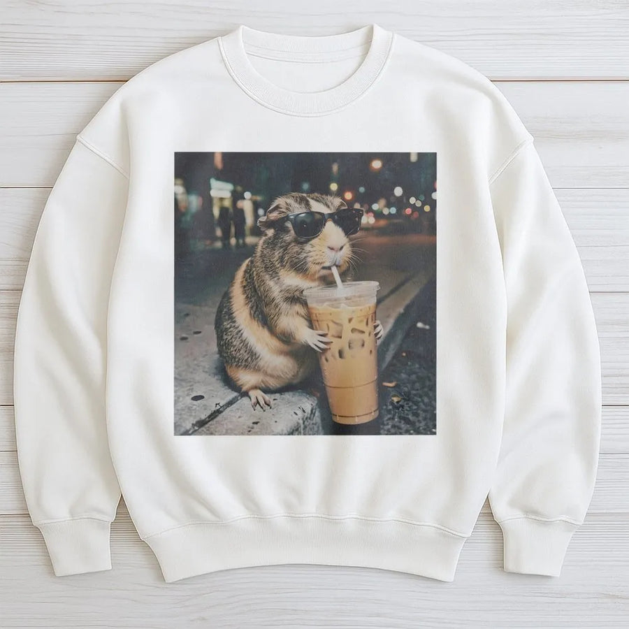 Funny Guinea Pig Sweatshirt | Iced Coffee Meme with Sunglasses | Premium Comfort Colors Tee | Gift for Coffee Lover & Pet Owner
