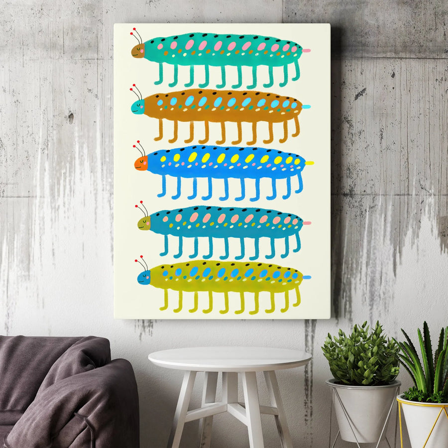 Colorful Caterpillar Wall Art | Playful Insect Illustration Decor | Gallery Quality Canvas Print | Nursery or Kids Room Gift