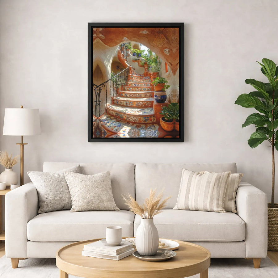 Mediterranean Staircase Canvas Print | Mosaic Tile Garden Wall Art | Premium Fade-Resistant Decor | Housewarming Gift for Home Office