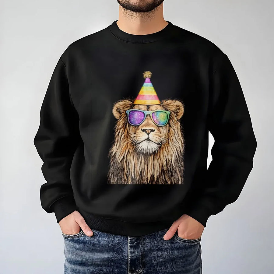 Cool Lion Sweatshirt | Rainbow Party Hat & Galaxy Glasses Graphic | Soft Cotton Blend | Funny Animal Lover Birthday Gift Unisex Apparel