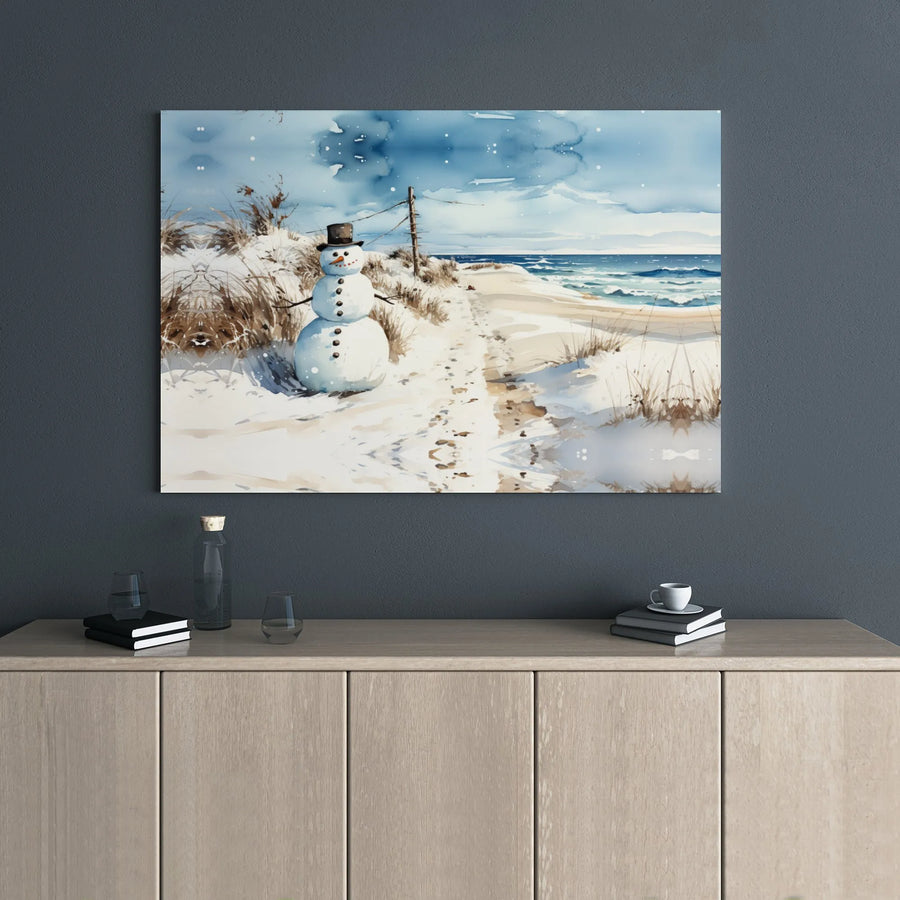 Winter Beach Snowman Canvas Print | Watercolor Coastal Holiday Wall Art | Premium Gallery Wrap Decor | Ready to Hang Gift for Christmas