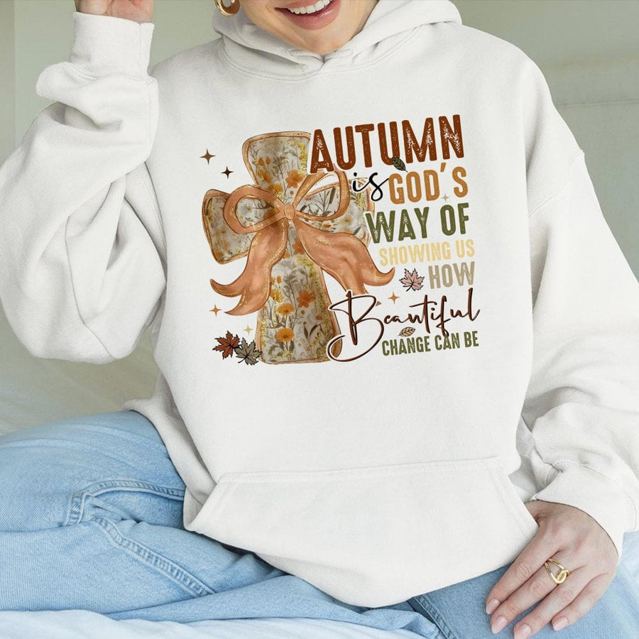 Autumn Is God's Way Fall Hoodie | Floral Cross Bow Graphic Print | Premium Cotton-Poly Blend | Christian Thanksgiving Gift For Her
