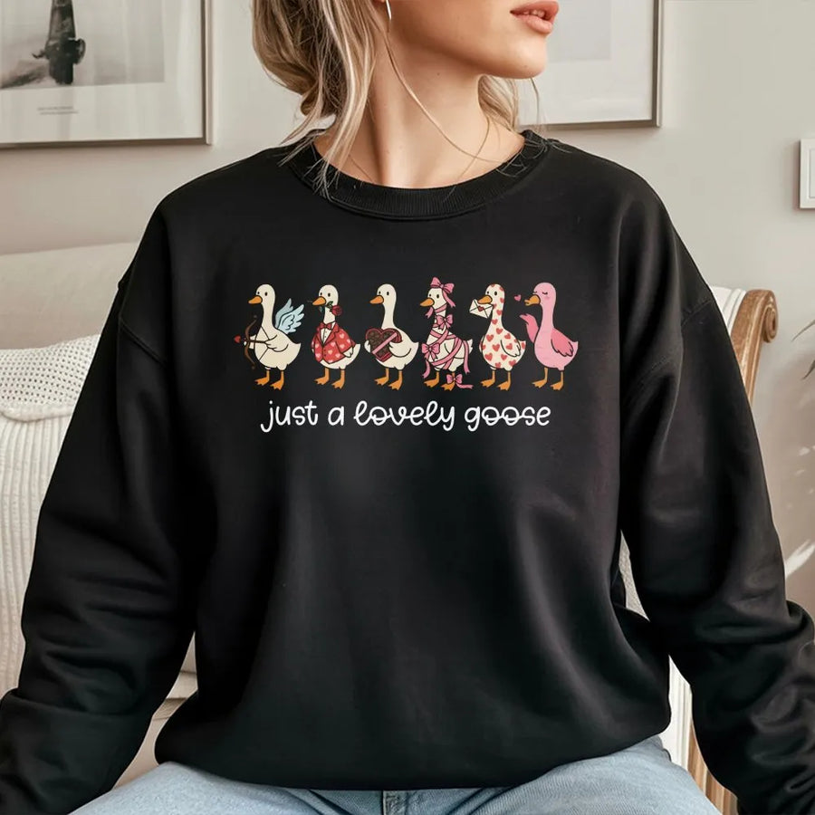 Just A Lovely Goose Sweatshirt | Valentine Heart Cute Bird Graphic | Soft Cotton Premium Blend | Funny Animal Gift For Her And Him